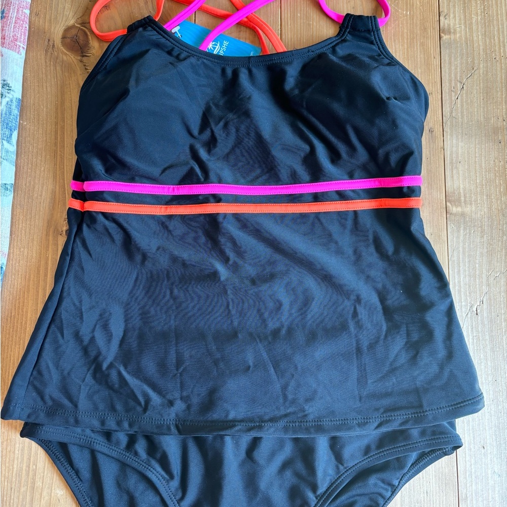 Cupshe tankini, NWT! Black with bright pink and orange trim.